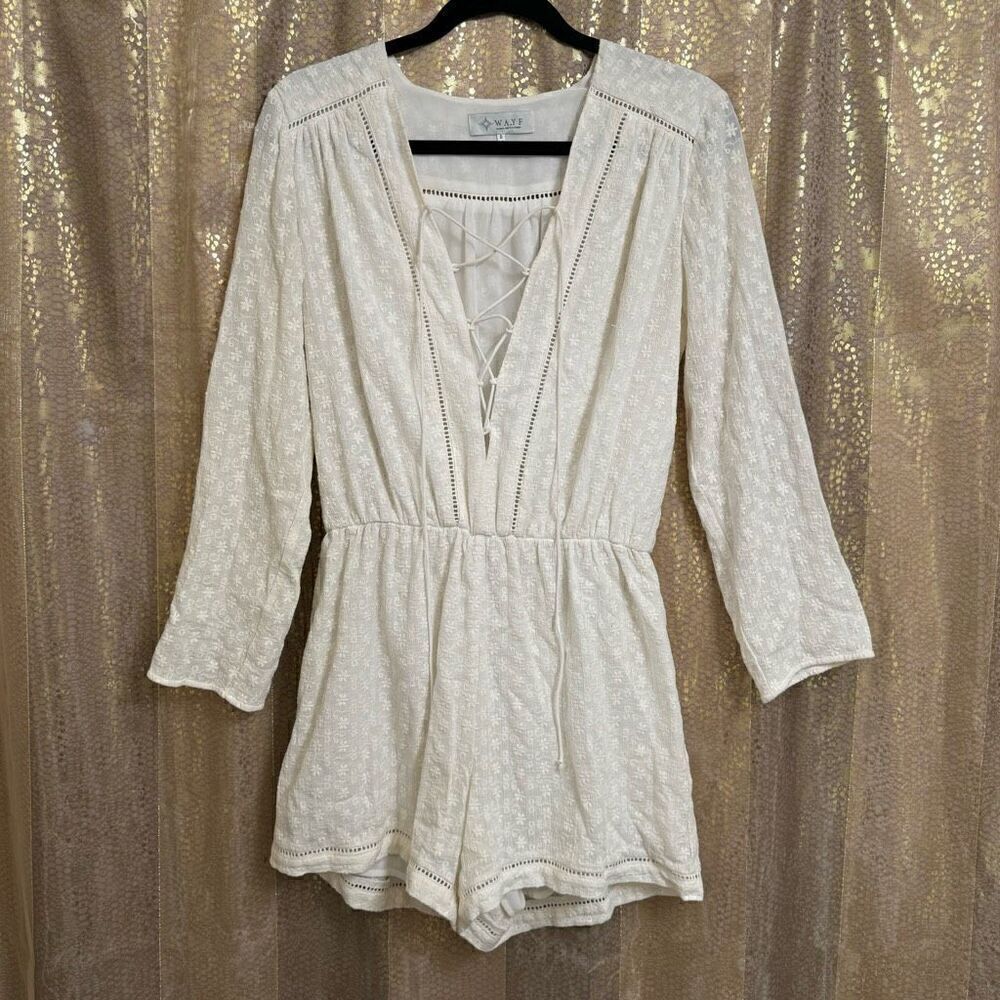 WAYF White Long Sleeve Lattice Trim Floral Eyelet Shorts Romper Small
